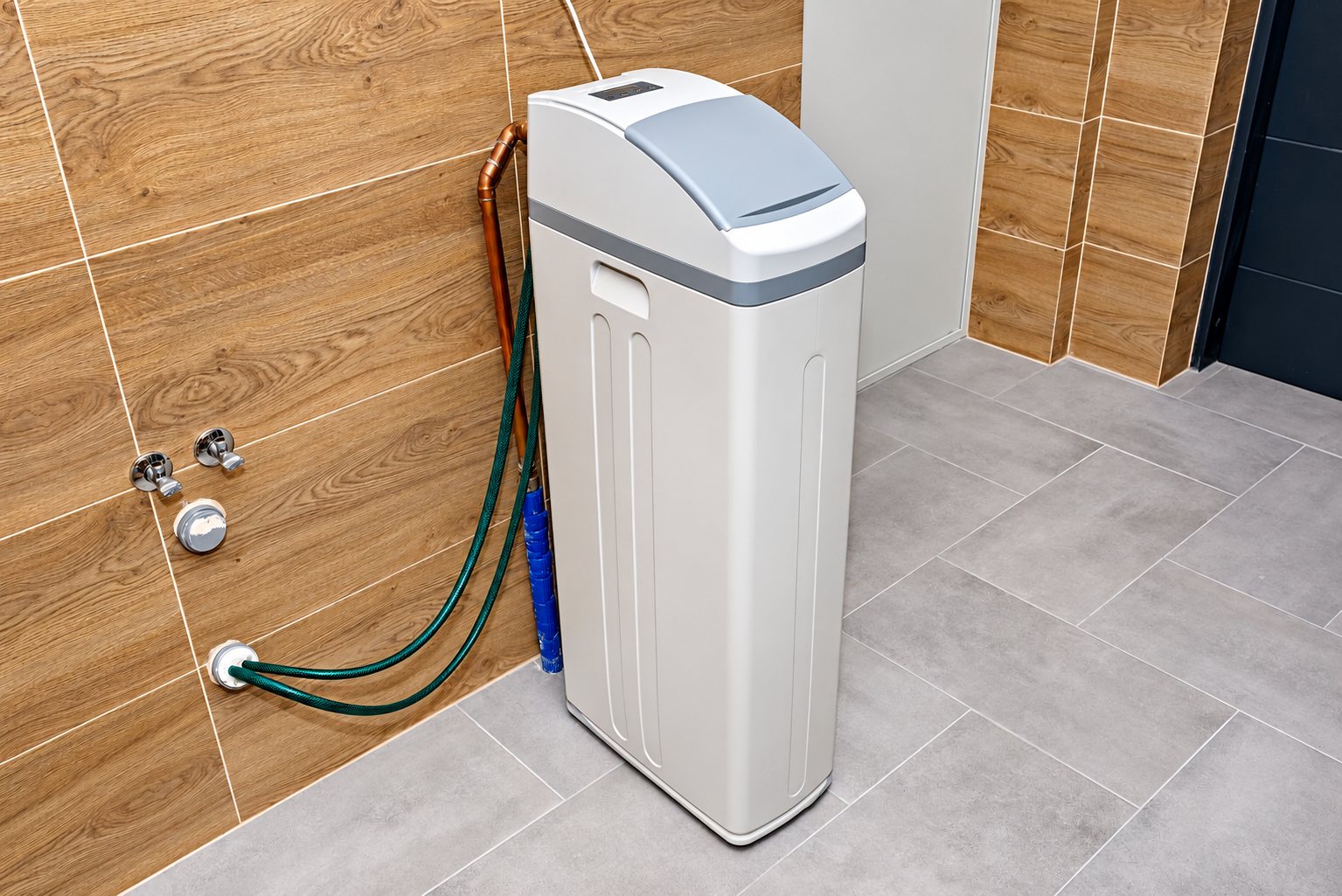 Un adoucisseur d'eau blanc et gris est installé contre un mur carrelé imitation bois, relié à la plomberie par deux tuyaux verts.