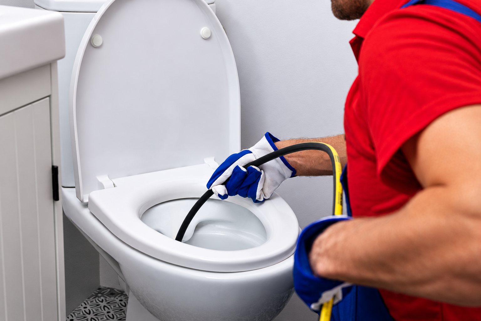 Un plombier en t-shirt rouge et gants bleus fait passer un câble de débouchage dans la cuvette de toilettes d'une salle de bain.