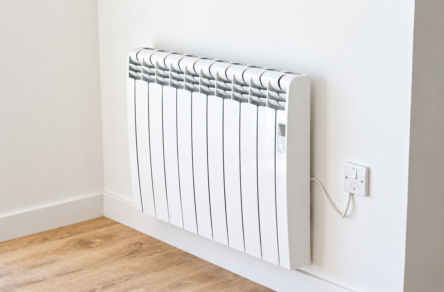 Un radiateur électrique blanc à éléments verticaux est fixé au mur d'une pièce vide et relié à une prise, au-dessus d'un parquet clair.