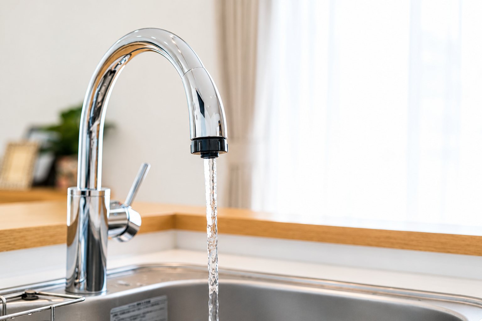Un robinet de cuisine chromé à bec arqué laisse couler un filet d'eau dans un évier en inox, devant une fenêtre lumineuse.
