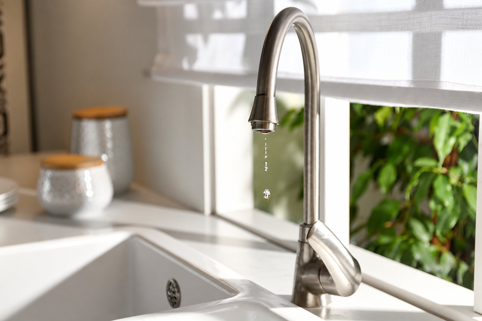 Un robinet de cuisine en inox brossé laisse tomber une goutte d'eau au-dessus d'un évier blanc, près d'une fenêtre donnant sur des plantes vertes.
