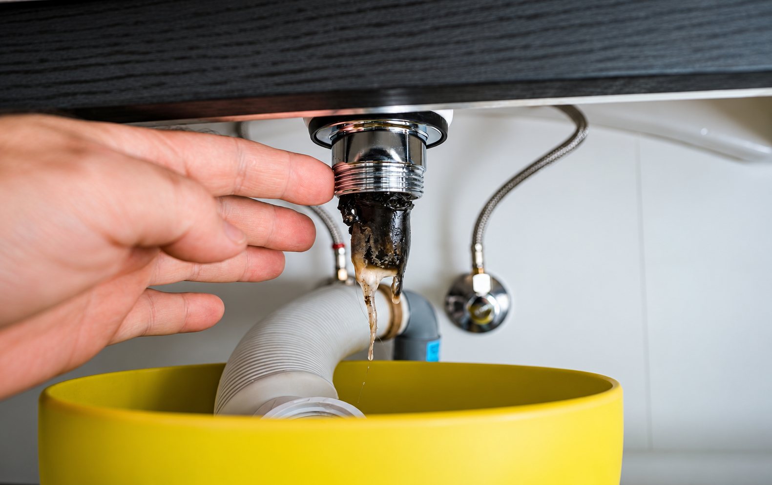 Une main tient sous un évier un siphon chromé encrassé dont l'eau sale goutte dans une bassine jaune, à côté d'un tuyau flexible blanc.