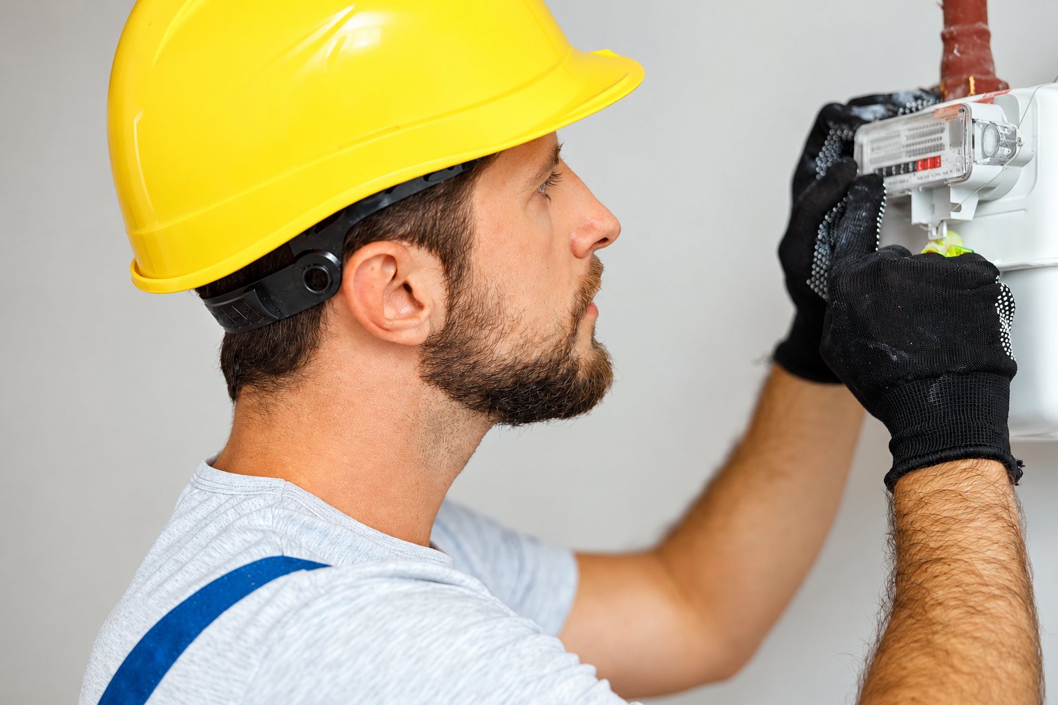 Un technicien barbu portant un casque jaune et des gants noirs travaille sur un compteur de gaz fixé à un mur clair.