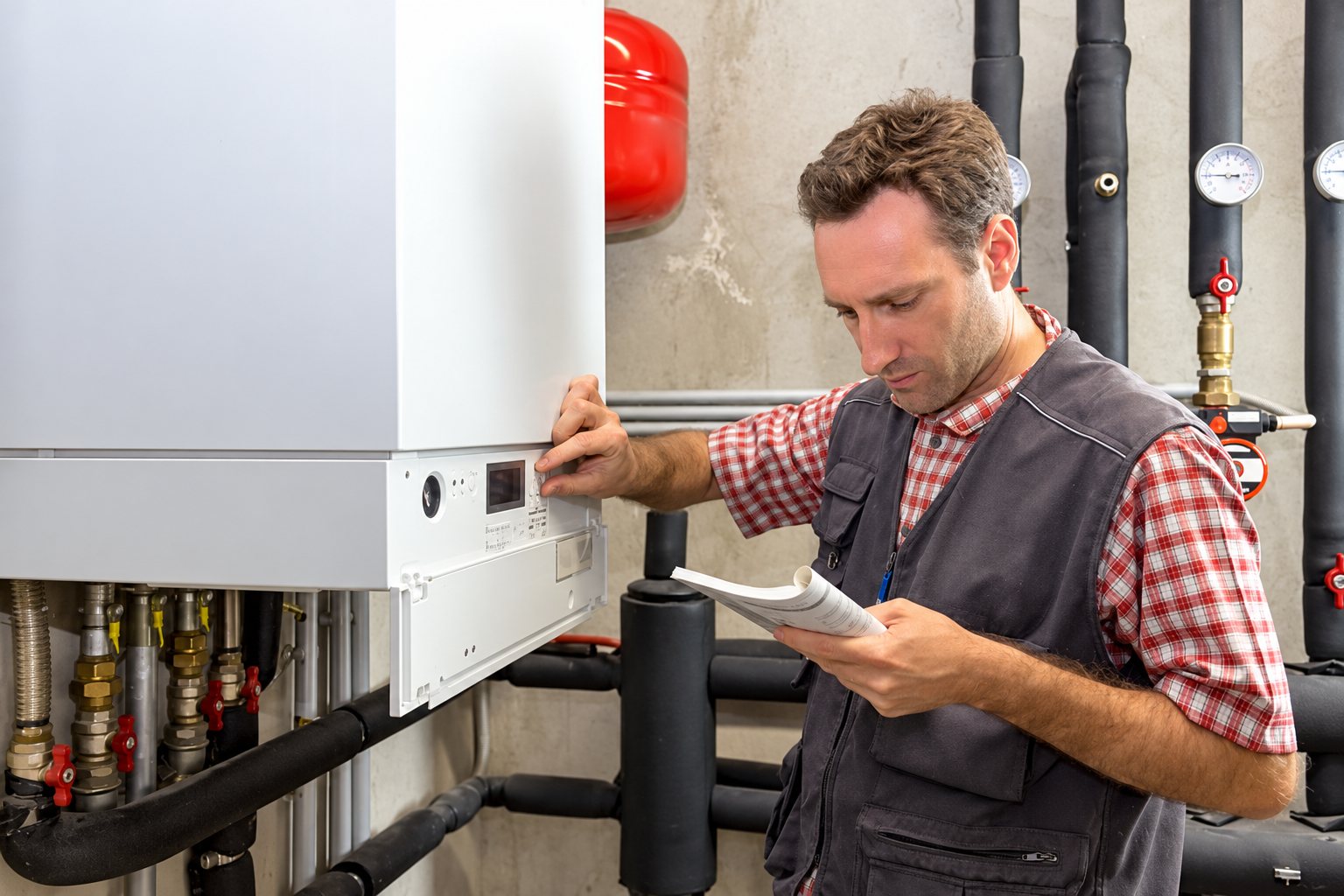 Un technicien en gilet gris et chemise à carreaux consulte un document tout en réglant une chaudière blanche murale entourée de tuyaux isolés.