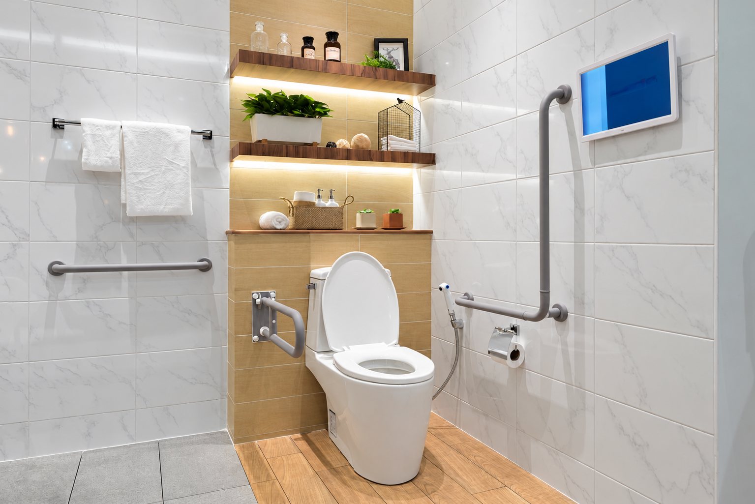Salle d'eau moderne aux murs de marbre blanc, équipée de toilettes, de barres d'appui grises, d'une douchette et d'étagères en bois éclairées.