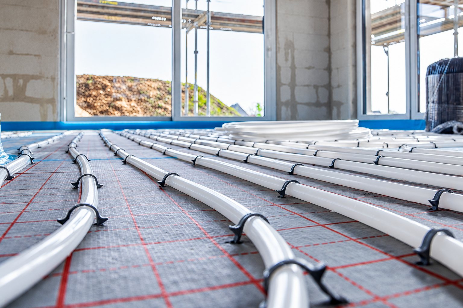 Des tuyaux blancs de chauffage au sol fixés par des clips sur un isolant quadrillé de rouge, dans une maison en construction aux grandes fenêtres.